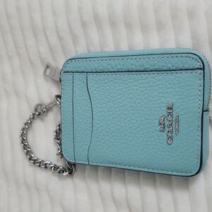 Coach Teal Leather Card Holder with Chain. New